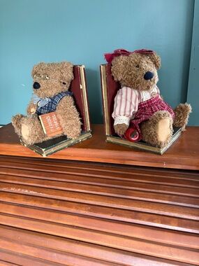 Handcrafted Brown Teddy Bear Bookend Pair in Red Accents